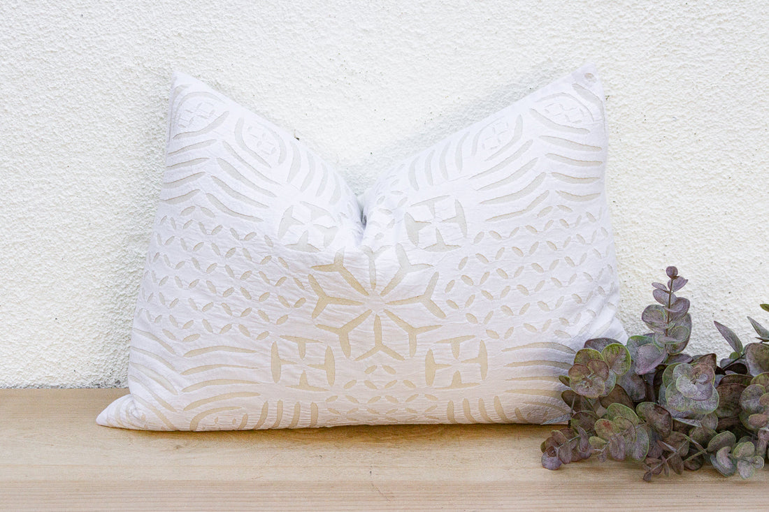 Almond Linen Lumbar Applique Pillow Cover