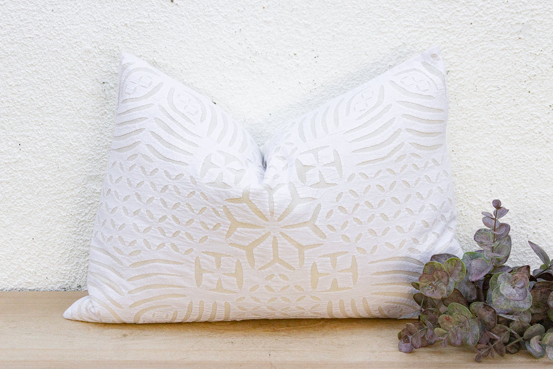 Almond Linen Lumbar Applique Pillow Cover