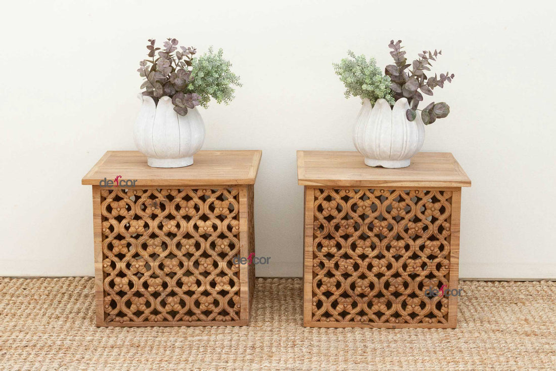 Set of Two, Reclaimed Teak Floral Jali End Tables