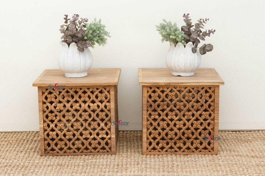 Set of Two, Reclaimed Teak Floral Jali End Tables