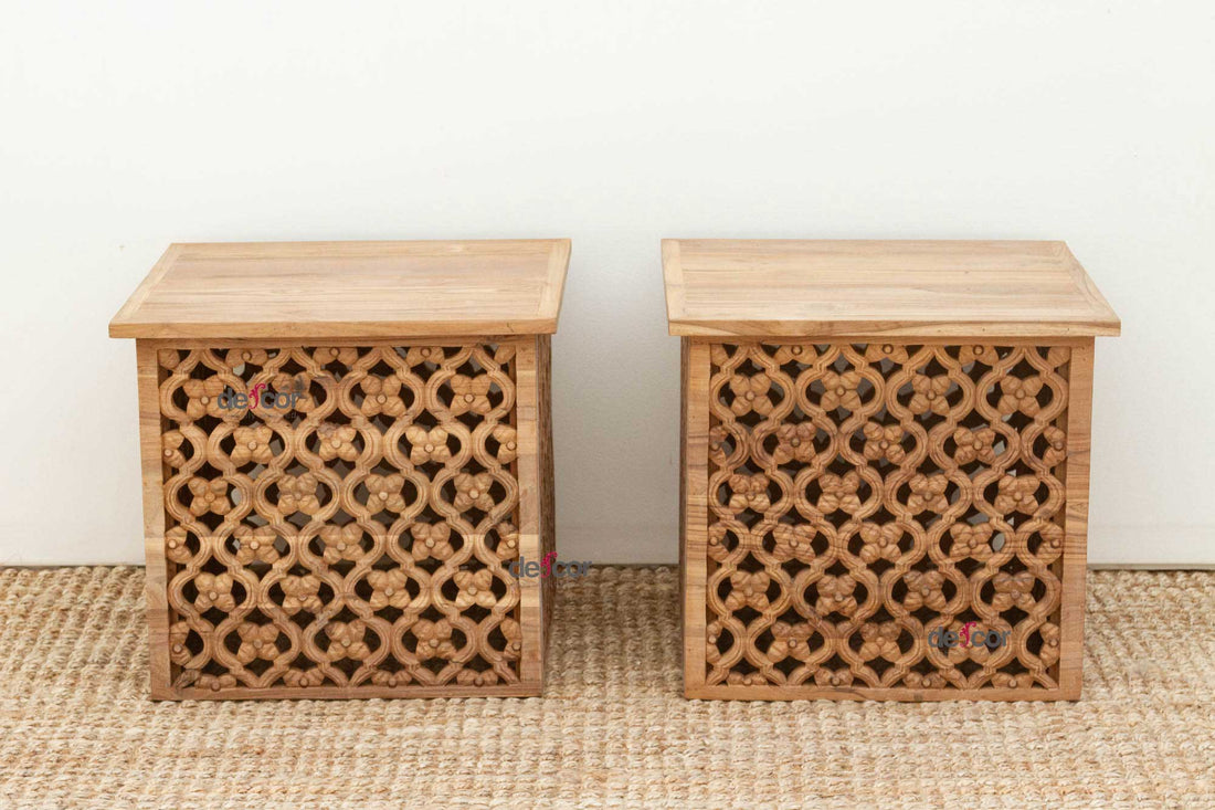 Set of Two, Reclaimed Teak Floral Jali End Tables