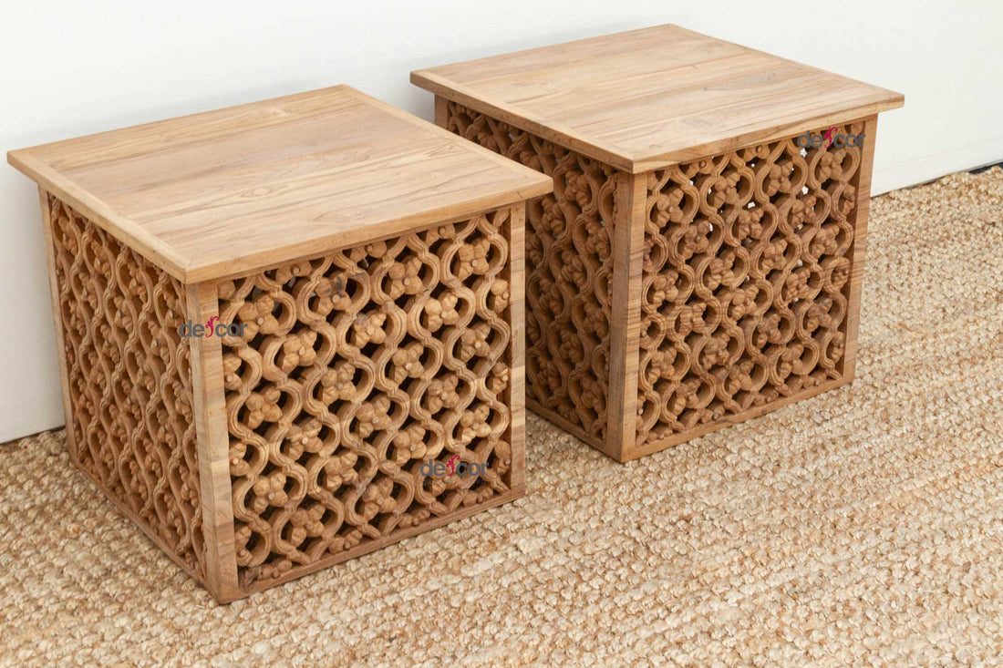 Set of Two, Reclaimed Teak Floral Jali End Tables