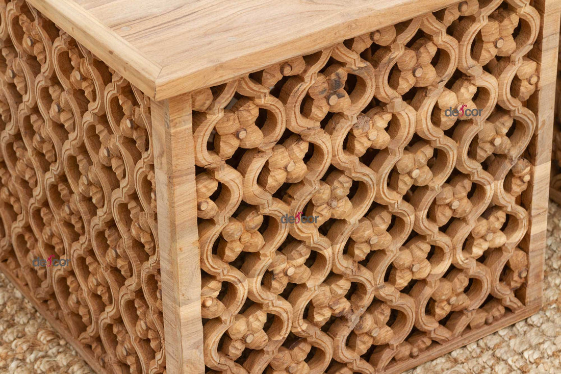 Set of Two, Reclaimed Teak Floral Jali End Tables