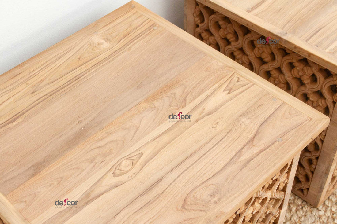 Set of Two, Reclaimed Teak Floral Jali End Tables