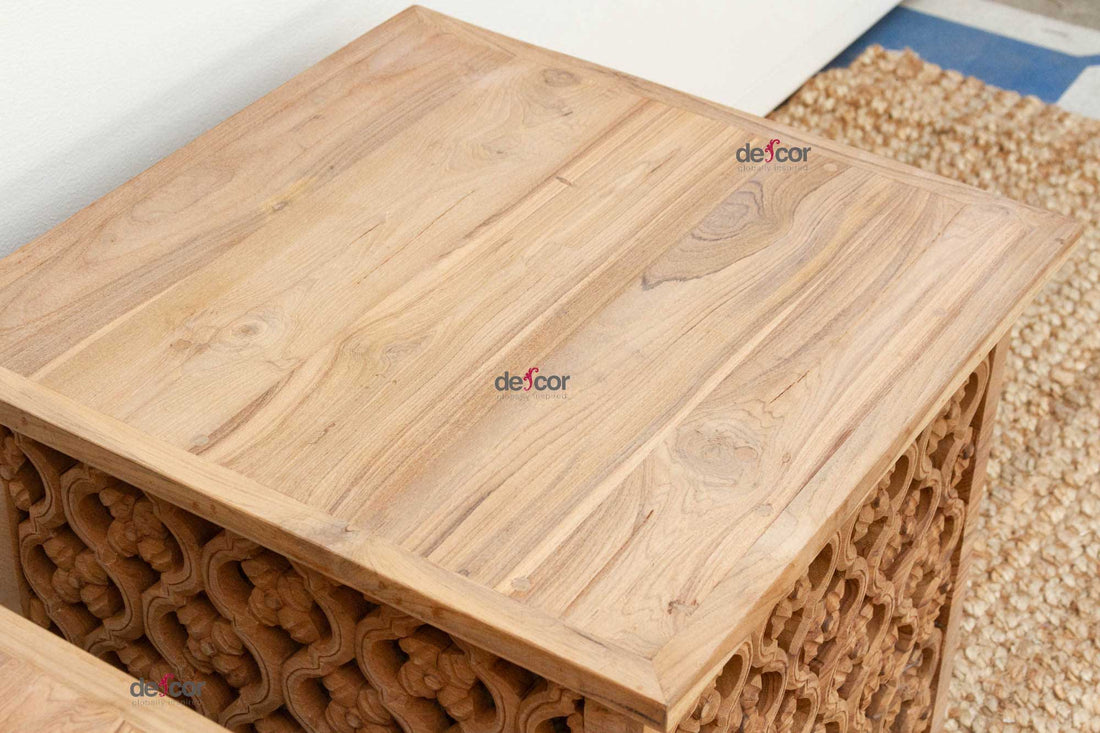 Set of Two, Reclaimed Teak Floral Jali End Tables