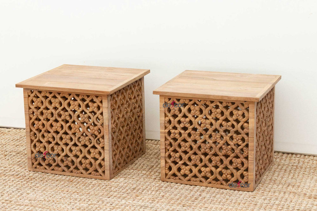 Set of Two, Reclaimed Teak Floral Jali End Tables