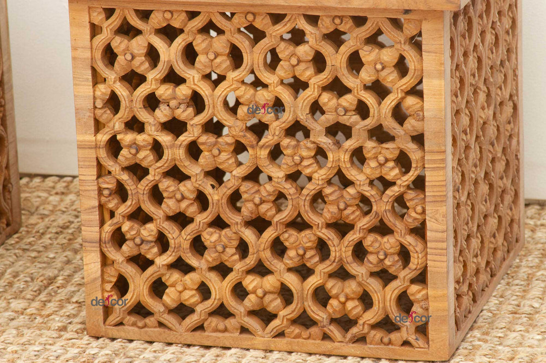 Set of Two, Reclaimed Teak Floral Jali End Tables