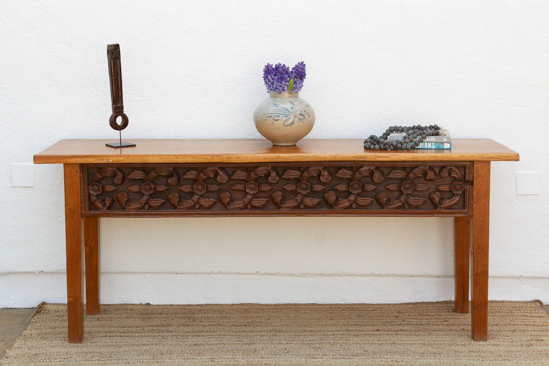 Beautifully Carved Single Slab Top Teak Console