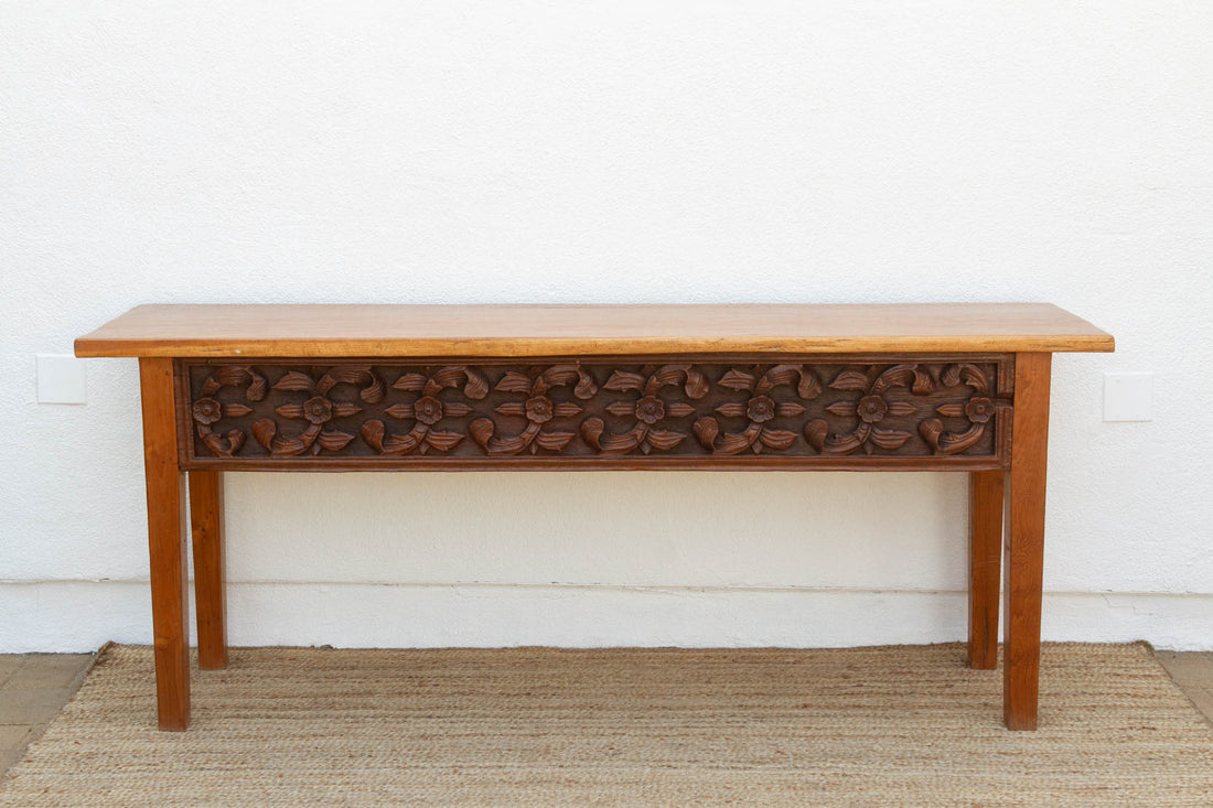 Beautifully Carved Single Slab Top Teak Console