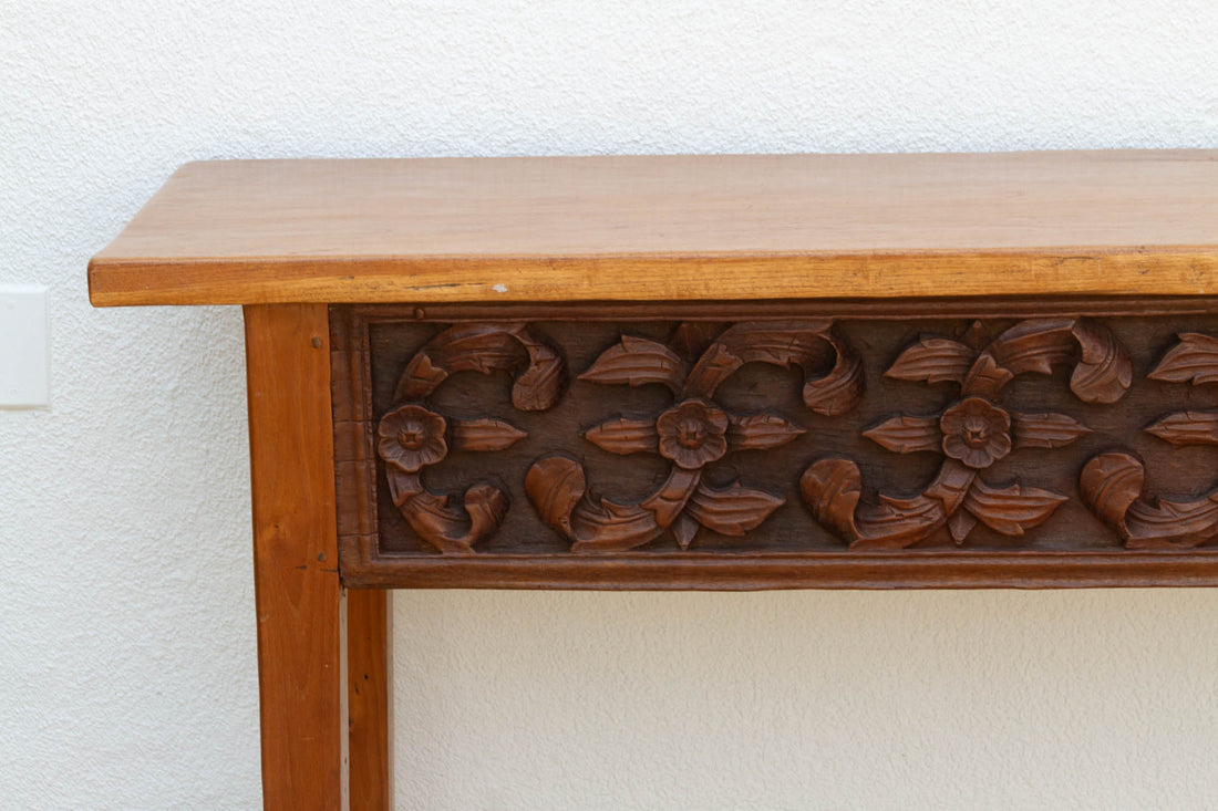 Beautifully Carved Single Slab Top Teak Console