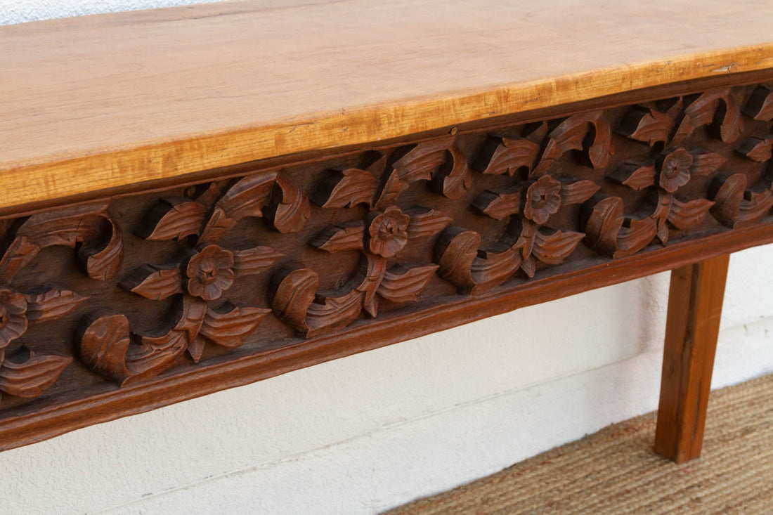 Beautifully Carved Single Slab Top Teak Console