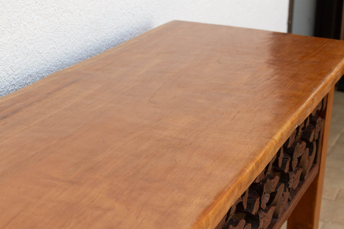 Beautifully Carved Single Slab Top Teak Console