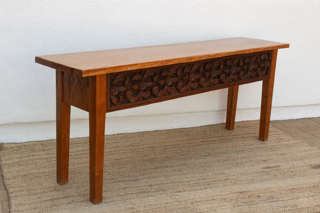 Beautifully Carved Single Slab Top Teak Console