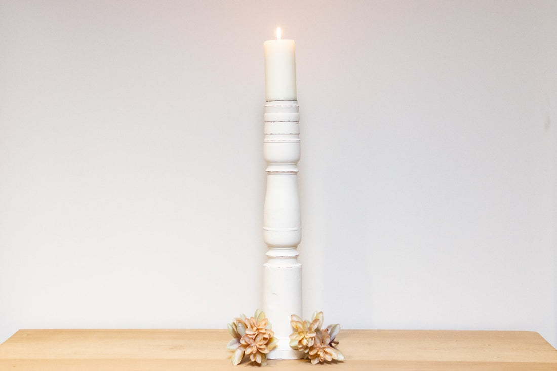Aged White Painted Teak Candle Holder