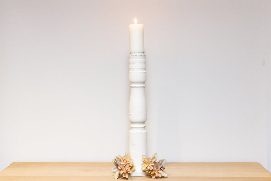 Aged White Painted Teak Candle Holder