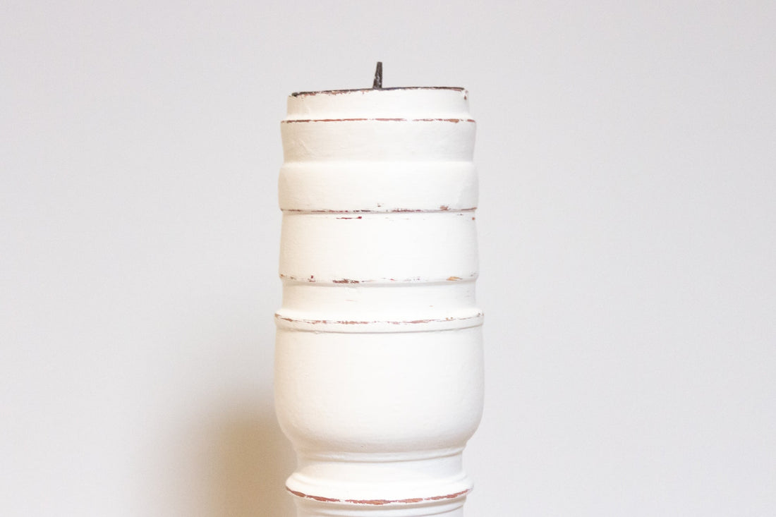 Aged White Painted Teak Candle Holder