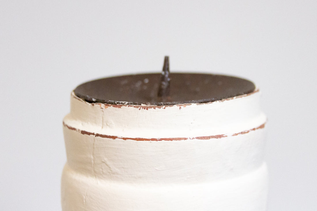 Aged White Painted Teak Candle Holder
