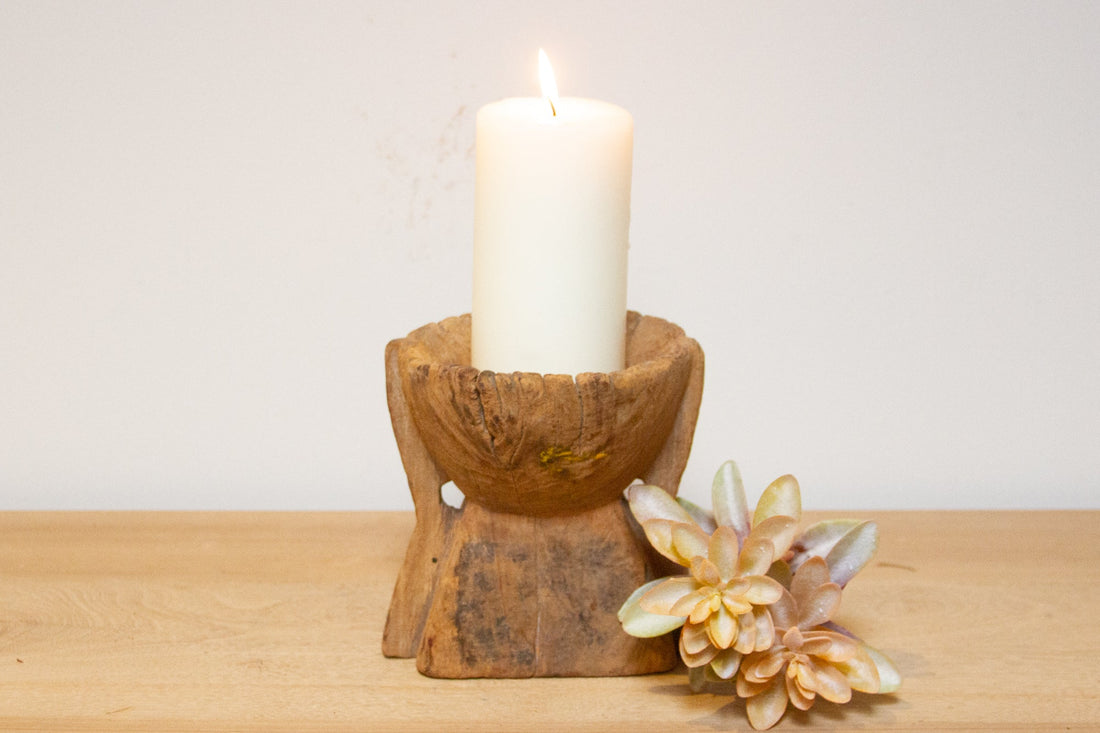 Rustic Teak Seeder Candleholder-Sambabur