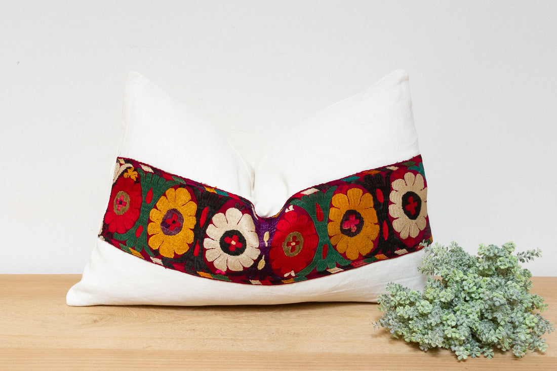 Aya Antique Uzbek Suzani Linen Pillow