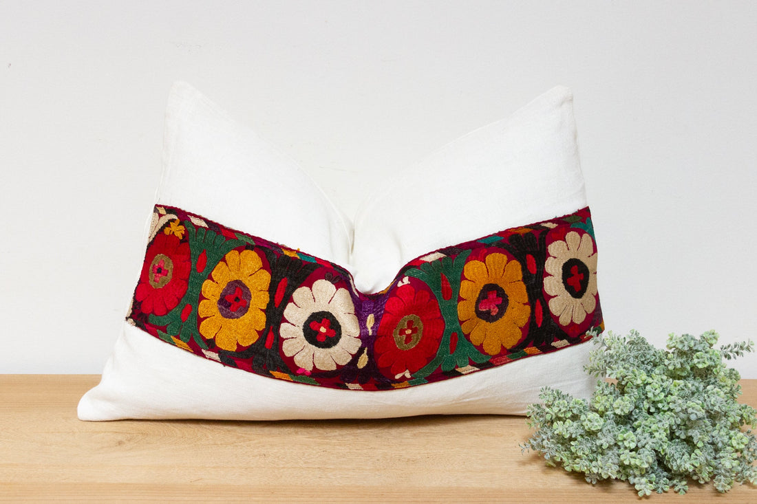 Aya Antique Uzbek Suzani Linen Pillow