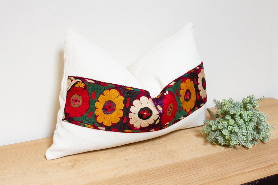 Aya Antique Uzbek Suzani Linen Pillow