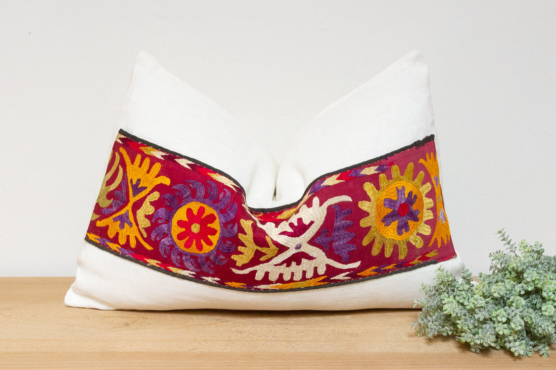 Bisan Antique Uzbek Suzani Linen Pillow