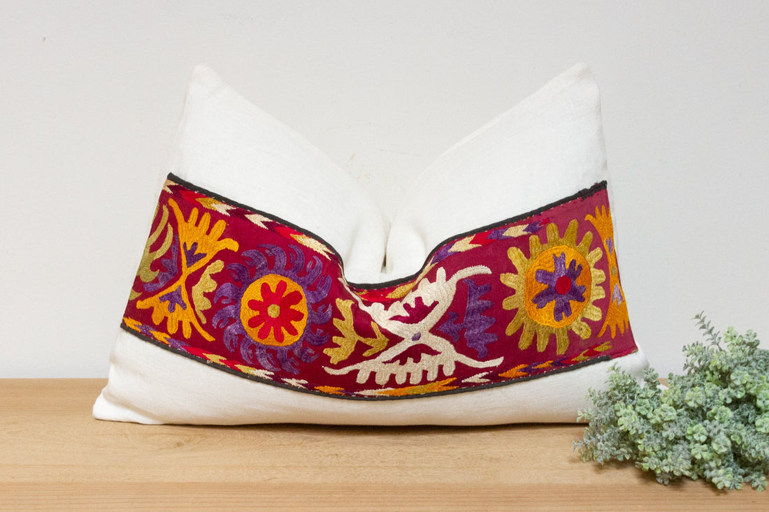 Bisan Antique Uzbek Suzani Linen Pillow