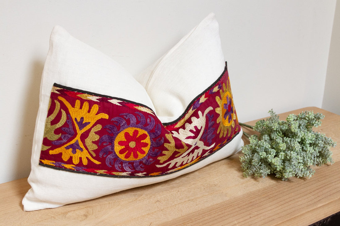 Bisan Antique Uzbek Suzani Linen Pillow