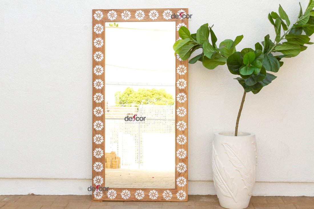 Teak Floral Inlay Blossom Mirror