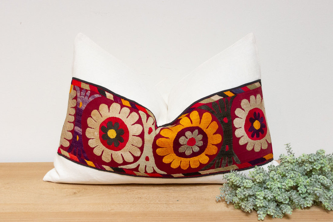 Basil Antique Uzbek Suzani Linen Pillow