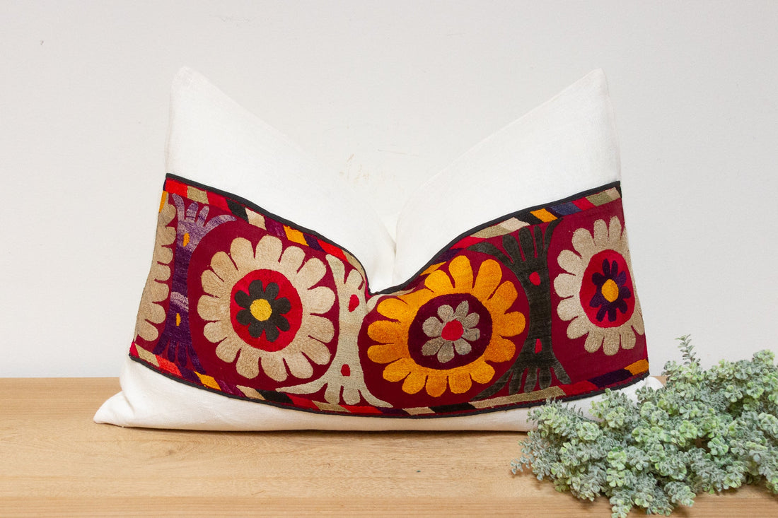 Basil Antique Uzbek Suzani Linen Pillow