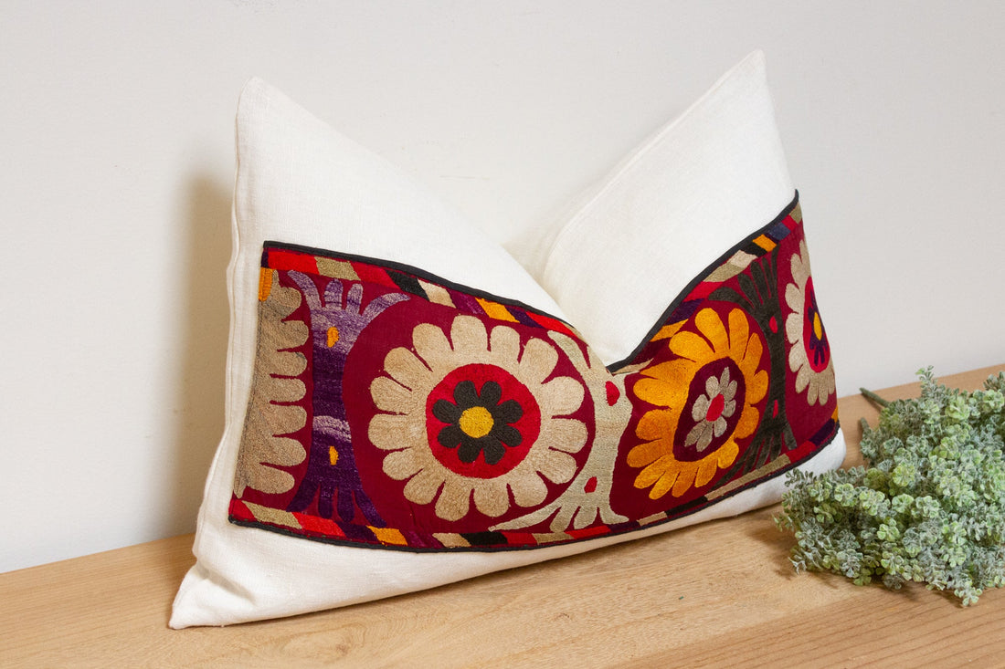 Basil Antique Uzbek Suzani Linen Pillow
