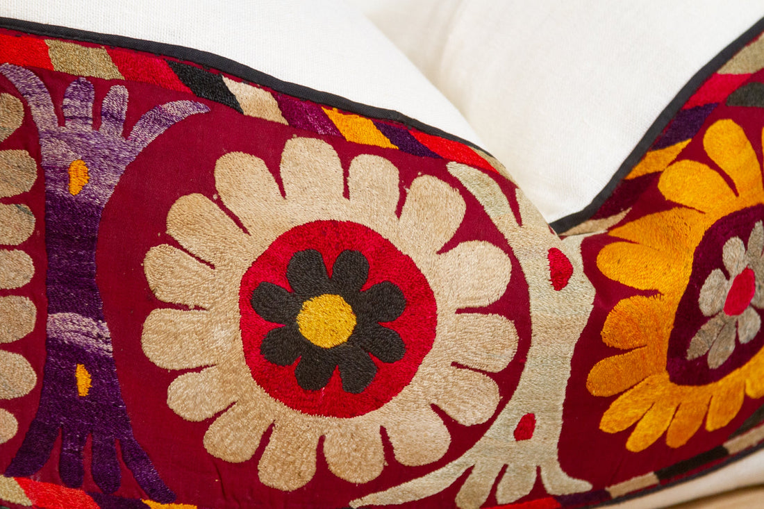 Basil Antique Uzbek Suzani Linen Pillow