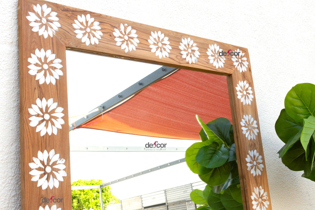 Teak Floral Inlay Blossom Mirror