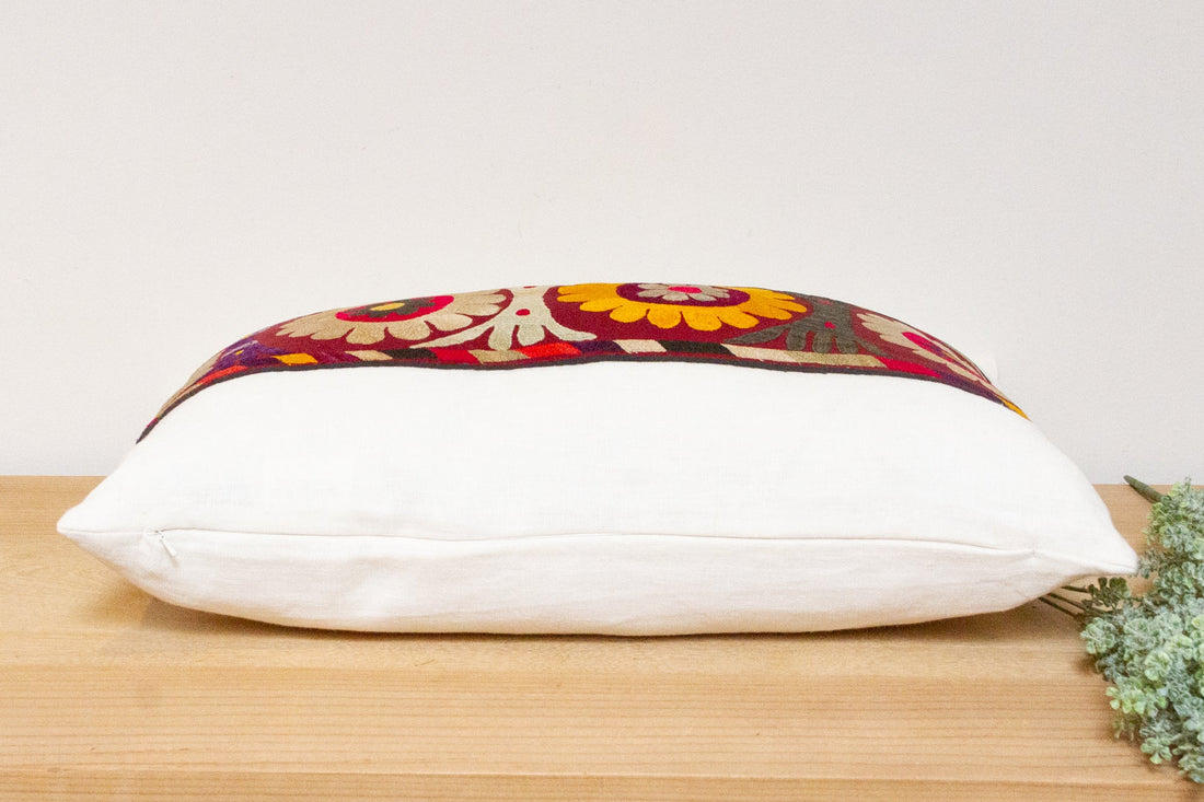 Basil Antique Uzbek Suzani Linen Pillow