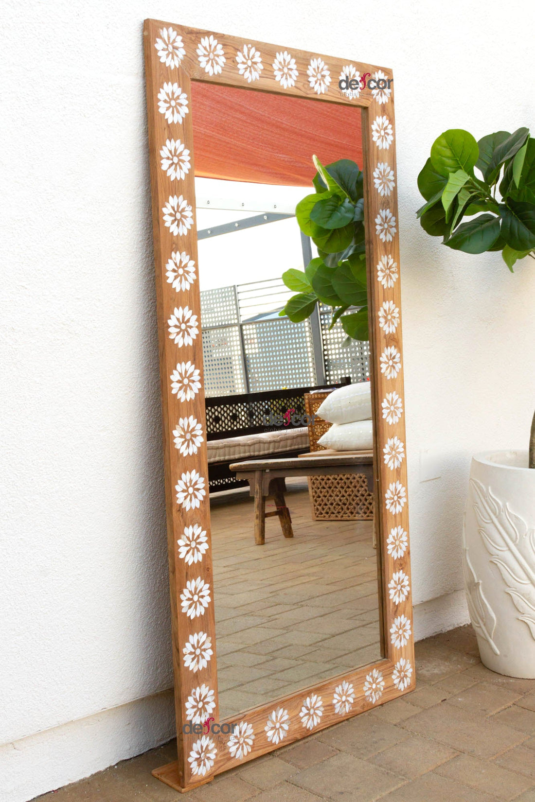 Teak Floral Inlay Blossom Mirror