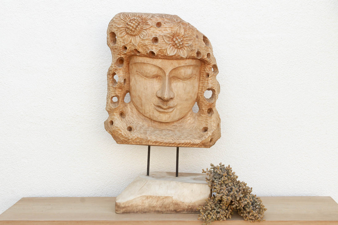 Hand-Carved Teak Buddha Head Statue