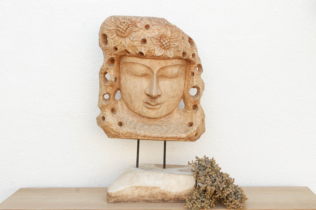Hand-Carved Teak Buddha Head Statue