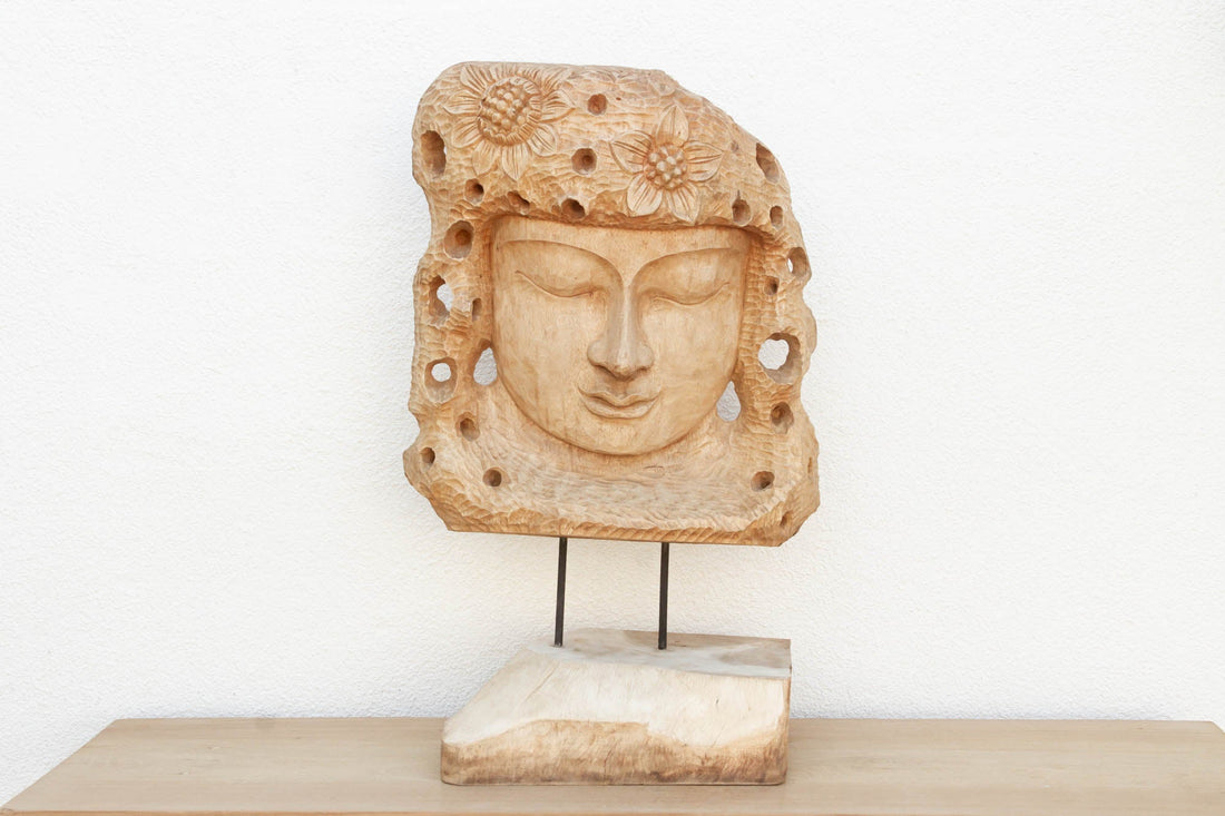 Hand-Carved Teak Buddha Head Statue