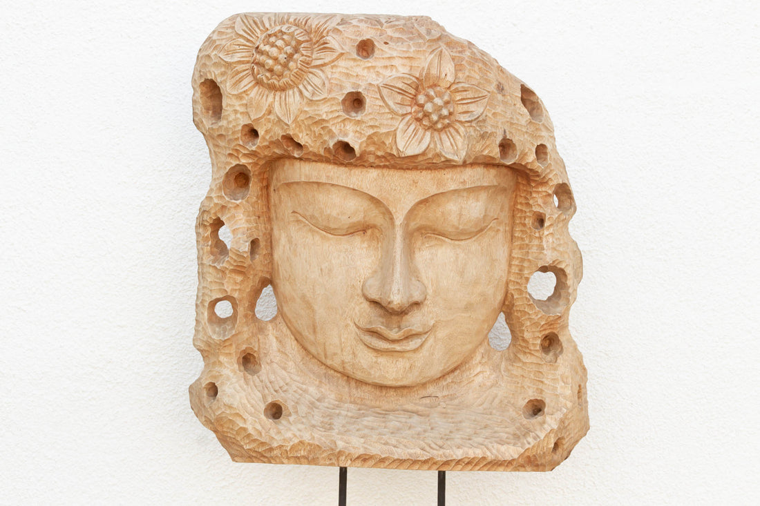 Hand-Carved Teak Buddha Head Statue