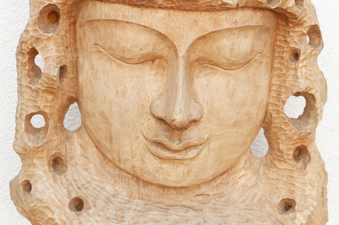 Hand-Carved Teak Buddha Head Statue