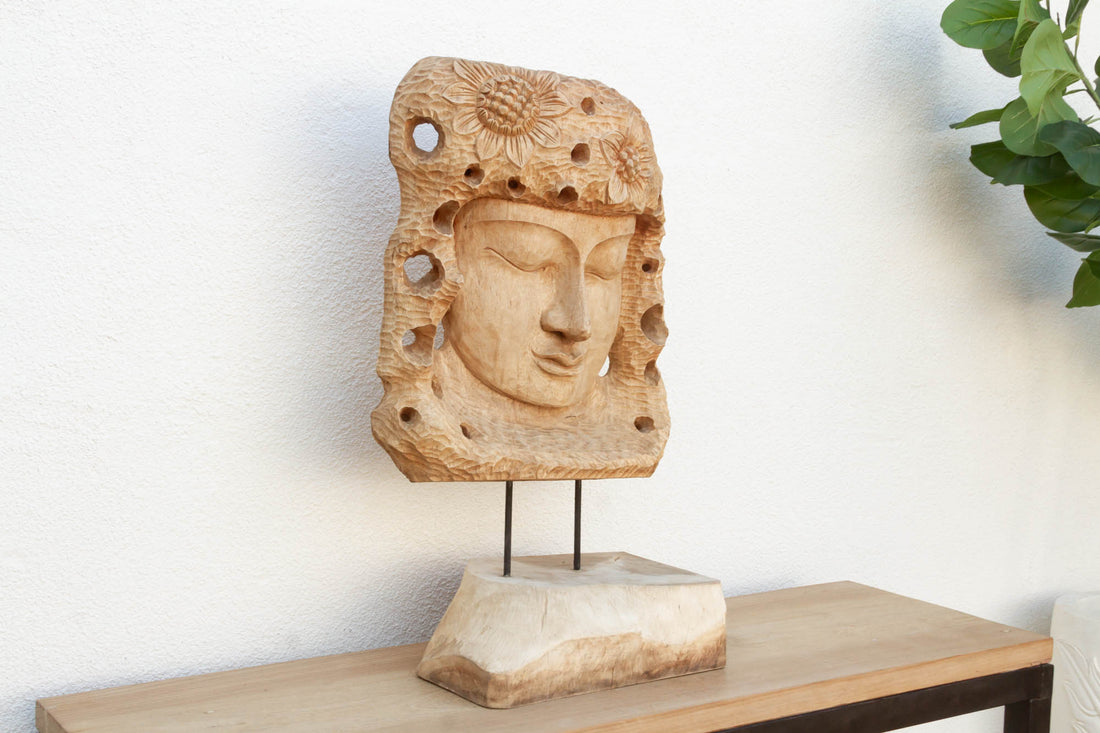 Hand-Carved Teak Buddha Head Statue