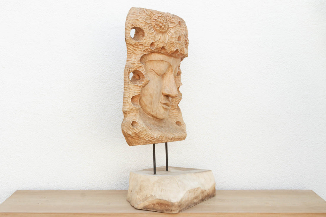 Hand-Carved Teak Buddha Head Statue