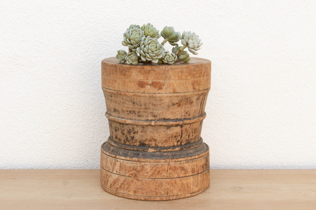 Oxidized Teak Turned Rice Grinder Pot