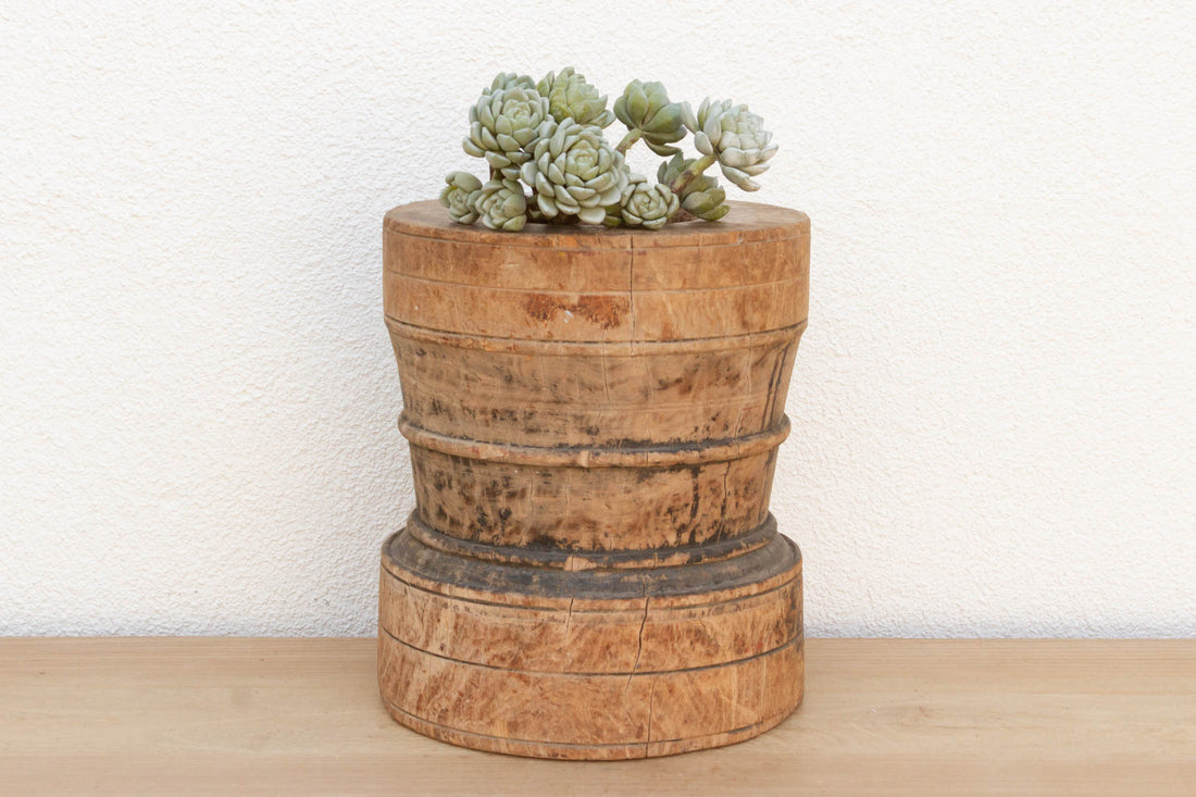 Oxidized Teak Turned Rice Grinder Pot