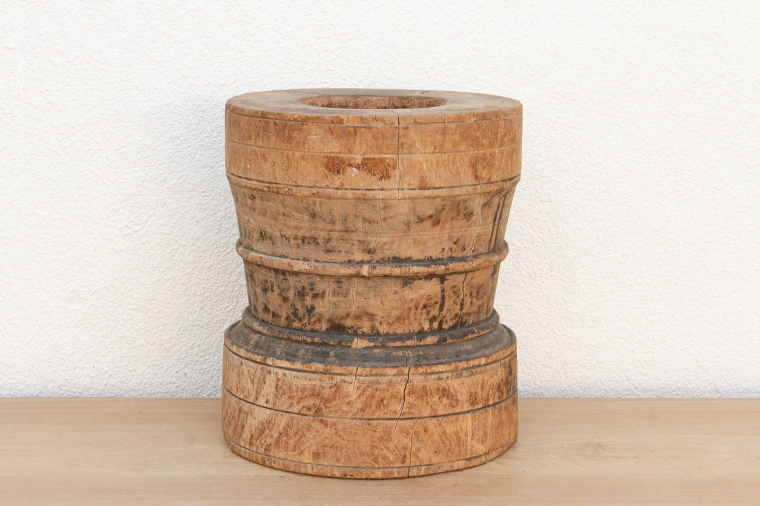 Oxidized Teak Turned Rice Grinder Pot (Trade)