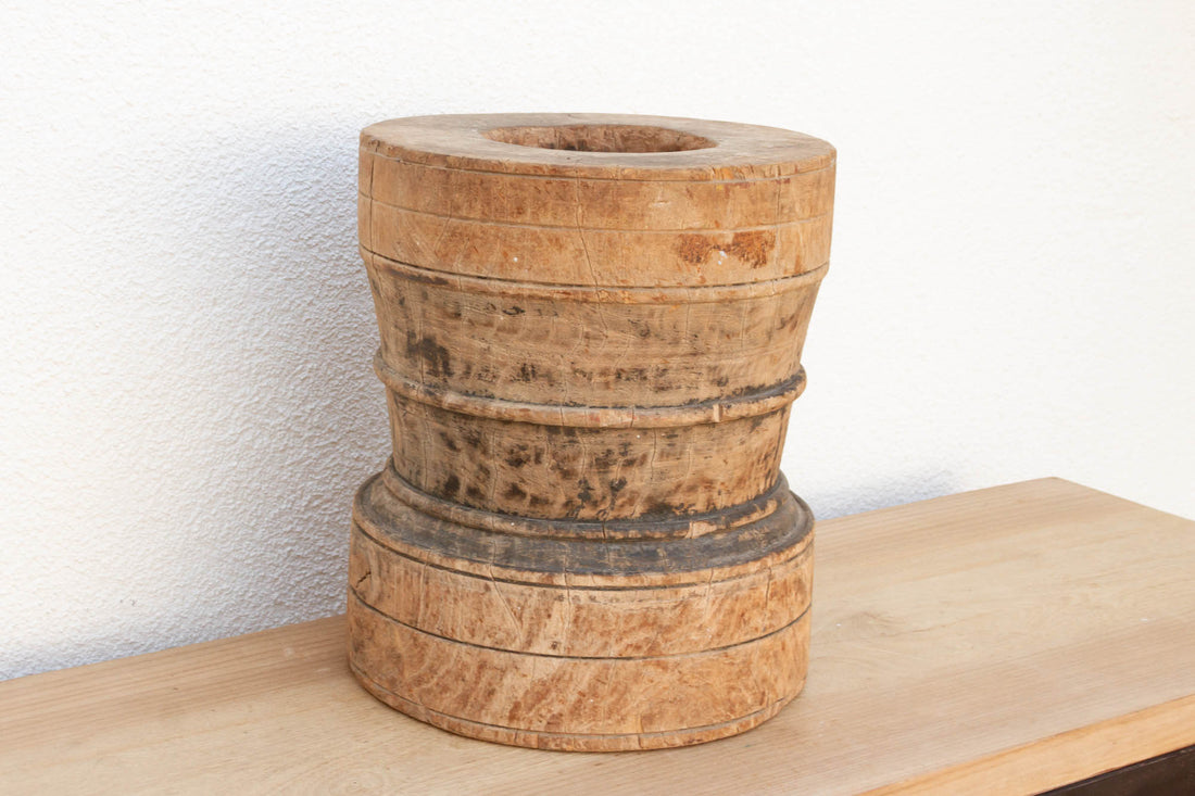 Oxidized Teak Turned Rice Grinder Pot