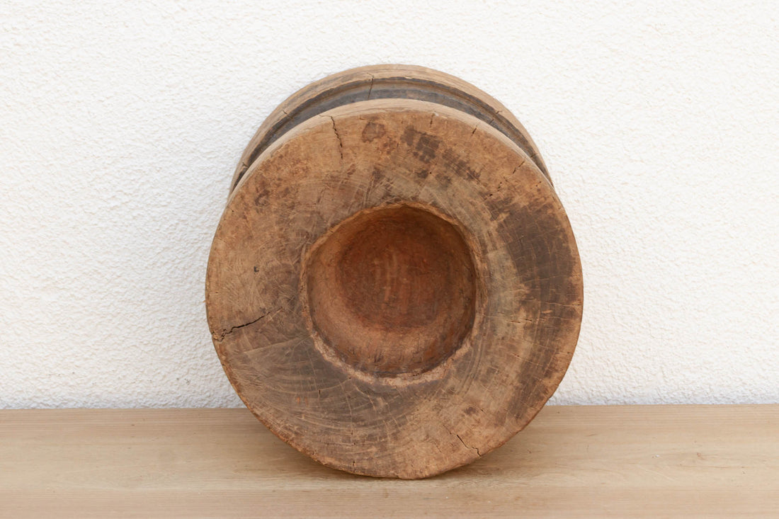 Oxidized Teak Turned Rice Grinder Pot