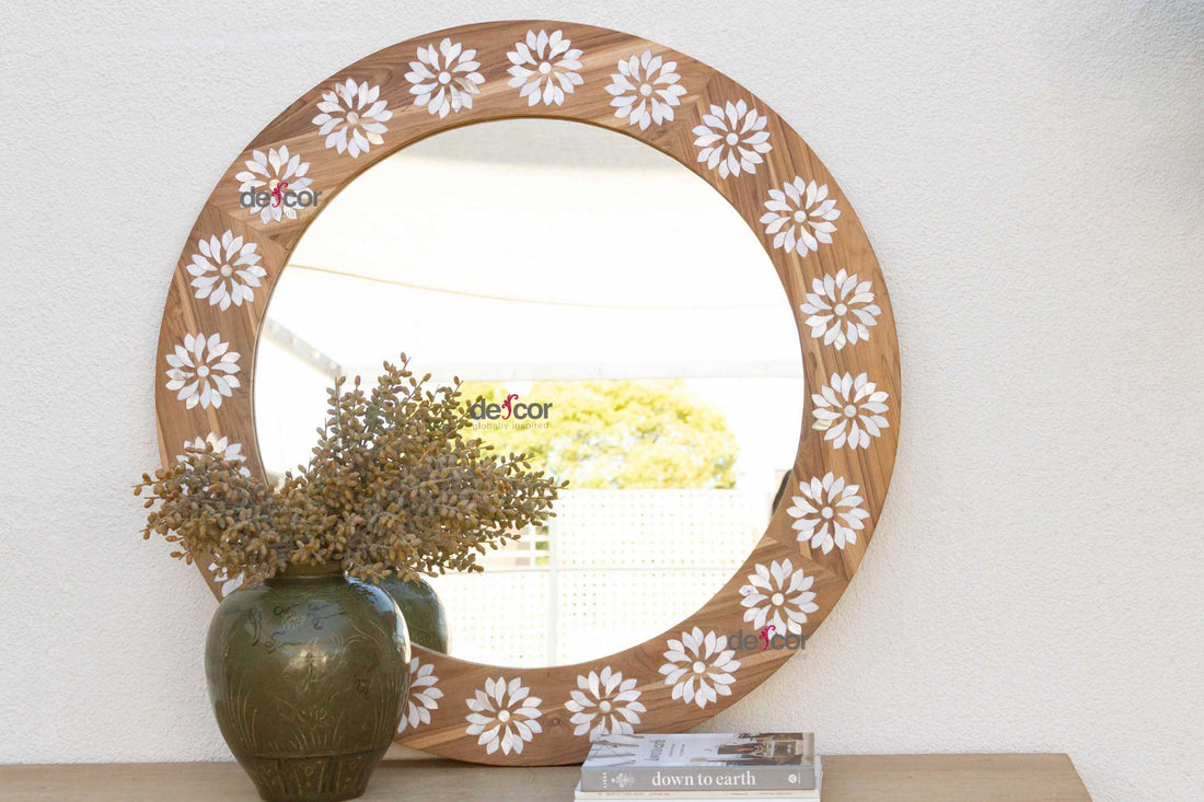 Round Reclaimed Teak Blossom Inlay Mirror