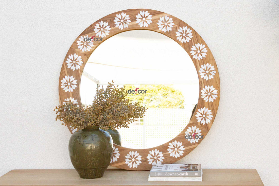 Round Reclaimed Teak Blossom Inlay Mirror